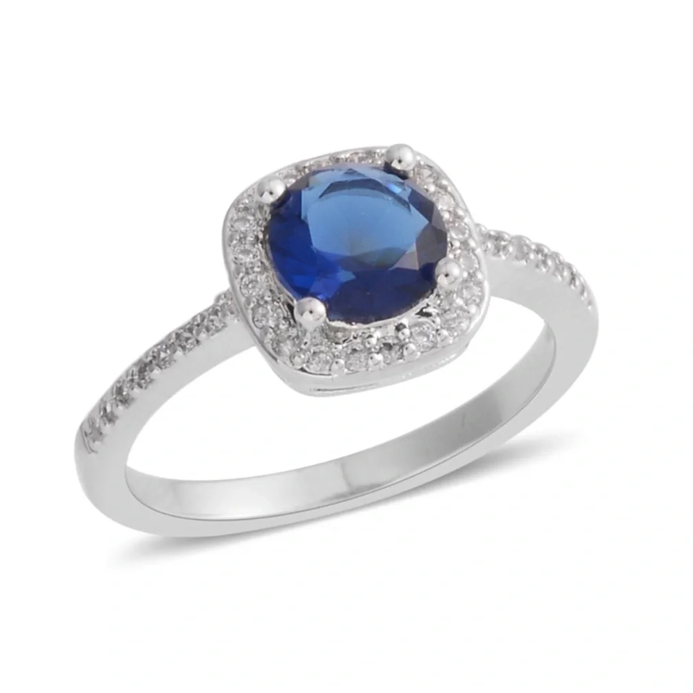 Blue and White CZ Silvertone Halo Ring Size 9.5 – 0.91 Ctw Sapphire Blue Ring